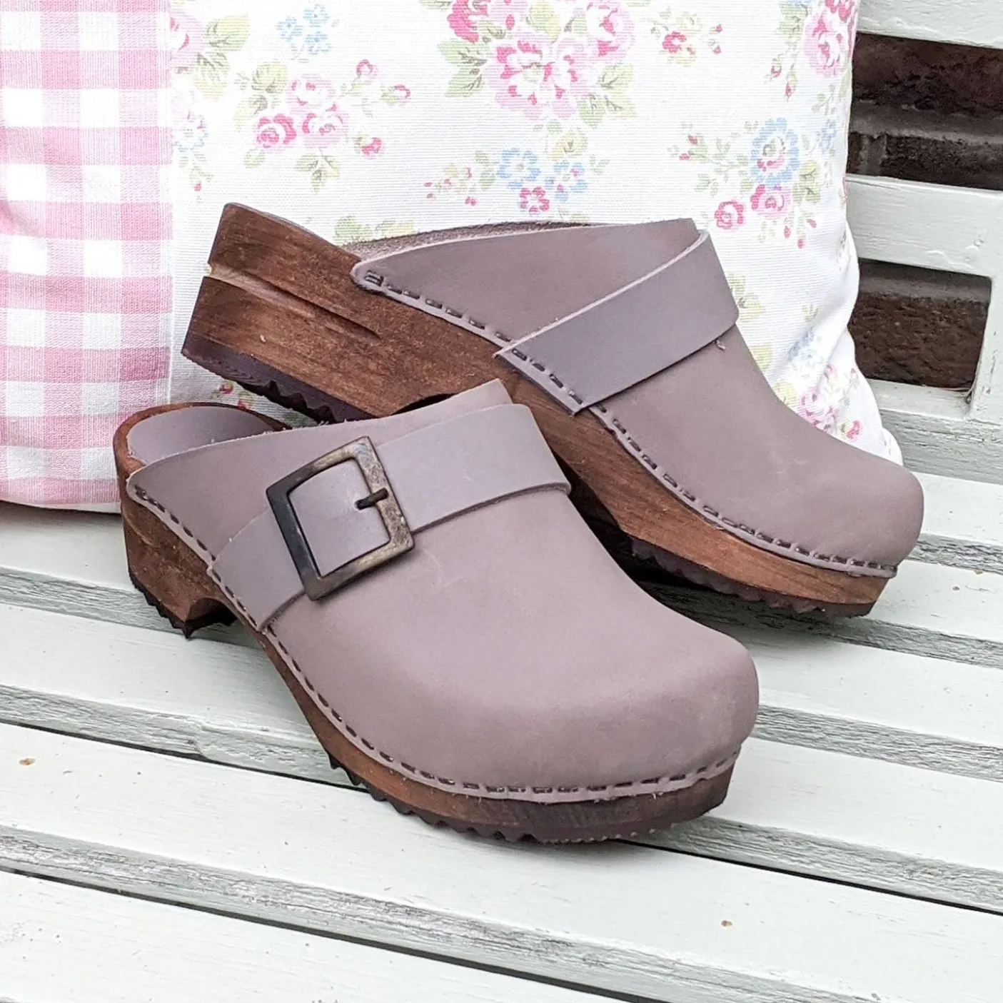 Sanita Big Buckle Danish Clogs in Olive Grey (453062)